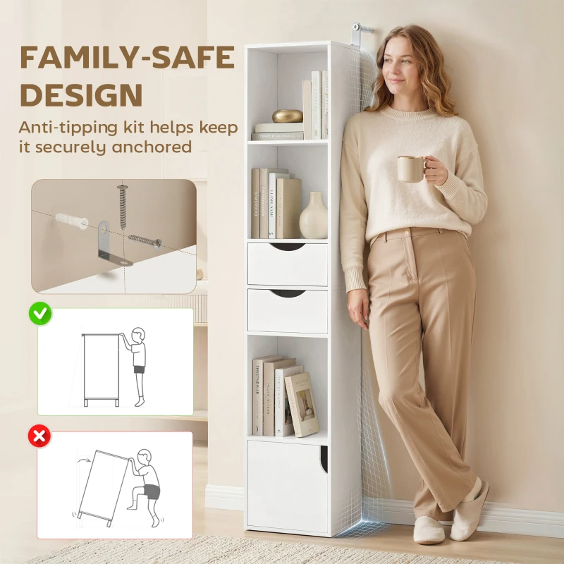 HOMCOM Bookcase with Drawers Adjustable Shelf Bookshelf with 2 Drawers and Cabinet 158 cm White