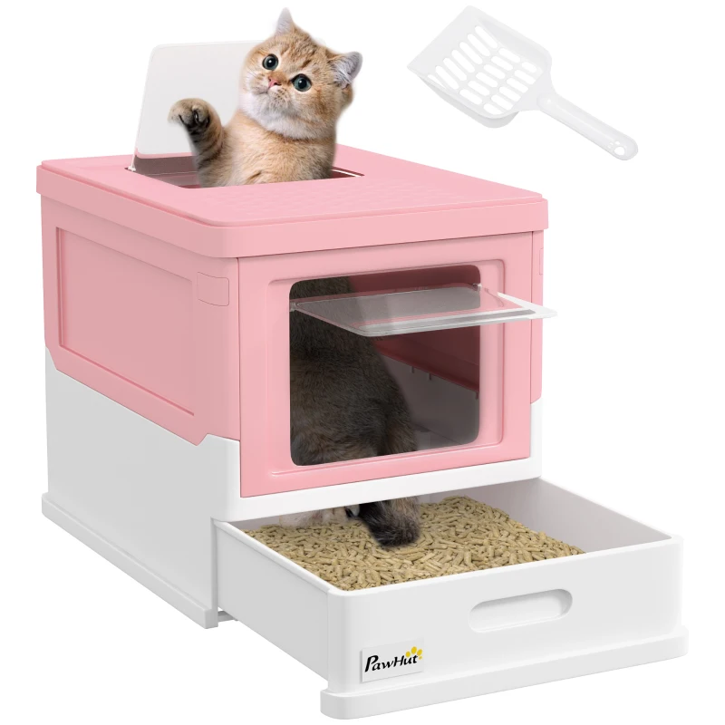 PawHut Maison de toilette pour chat pliable double porte battante et supérieure pelle fourni 47,5 x 35,5 x 36,7 cm rose