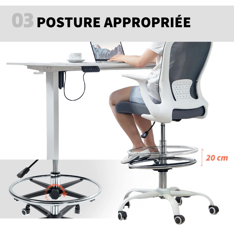 HOMCOM Chaise bureau ergonomique avec repose-pieds ajustable et accoudoirs relevables, hauteur réglable, 59x62x99-119cm, gris