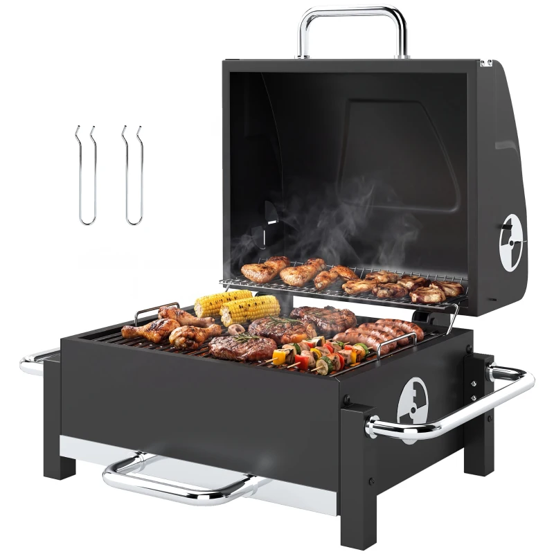 Outsunny Holzkohlegrill aus Stahl tragbarer BBQ Smoker mit Deckel verstellbare Lüftung zweistufige Kohlepfanne Thermometer