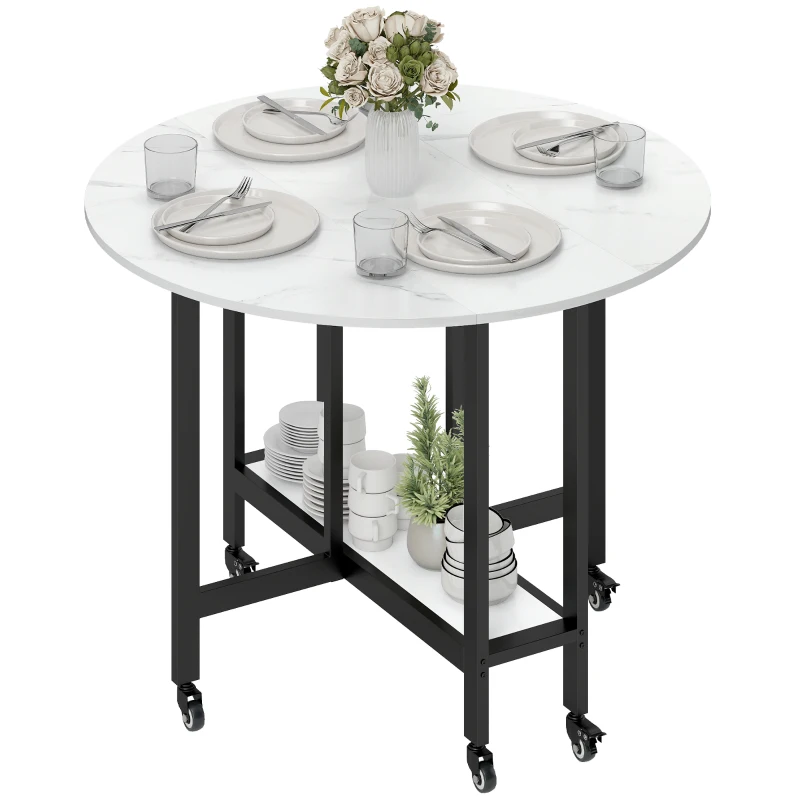 HOMCOM Folding Dining Table, Drop Leaf Table with Open Shelf, Rolling Kitchen Table for Dining Room, Small Spaces, White Marble