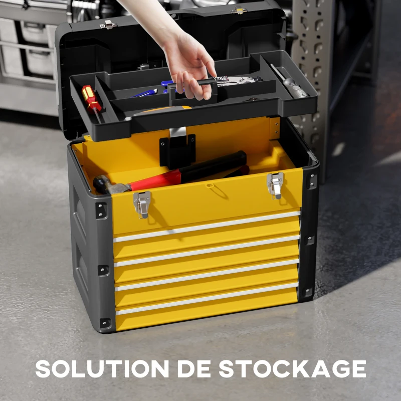HOMCOM Boîte à outils à 4 tiroirs, caisse à outils en acier thermolaqué avec plateau amovible, 49,7x25,3x40,7cm, jaune