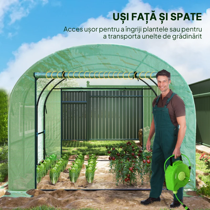 Outsunny Seră tip tunel pentru grădină 3x3x2 m din oțel și PE anti-UV cu uși rulabile și ferestre, verde