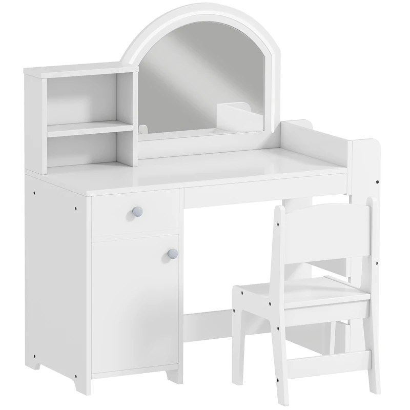 AIYAPLAY Coiffeuse maquillage pour fille Coiffeuse enfant avec tabouret et miroir à LED 1 tiroir armoire et 5 étagères blanc