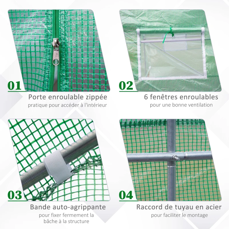 Outsunny Garden Tunnel Greenhouse 10.5 m² dim. 350L x 300l x 200H cm Door + 6 roll-up windows Galvanized steel HDPE cover Green