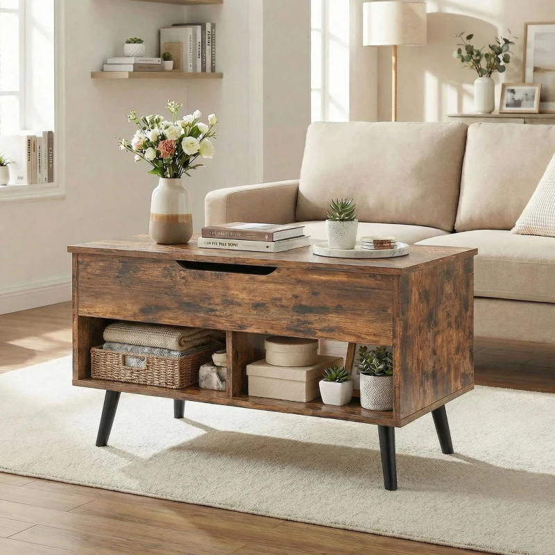 HOMCOM Lift Top Coffee Table with Hidden Storage Living Room Table Metal Legs 75 cm Rustic Brown