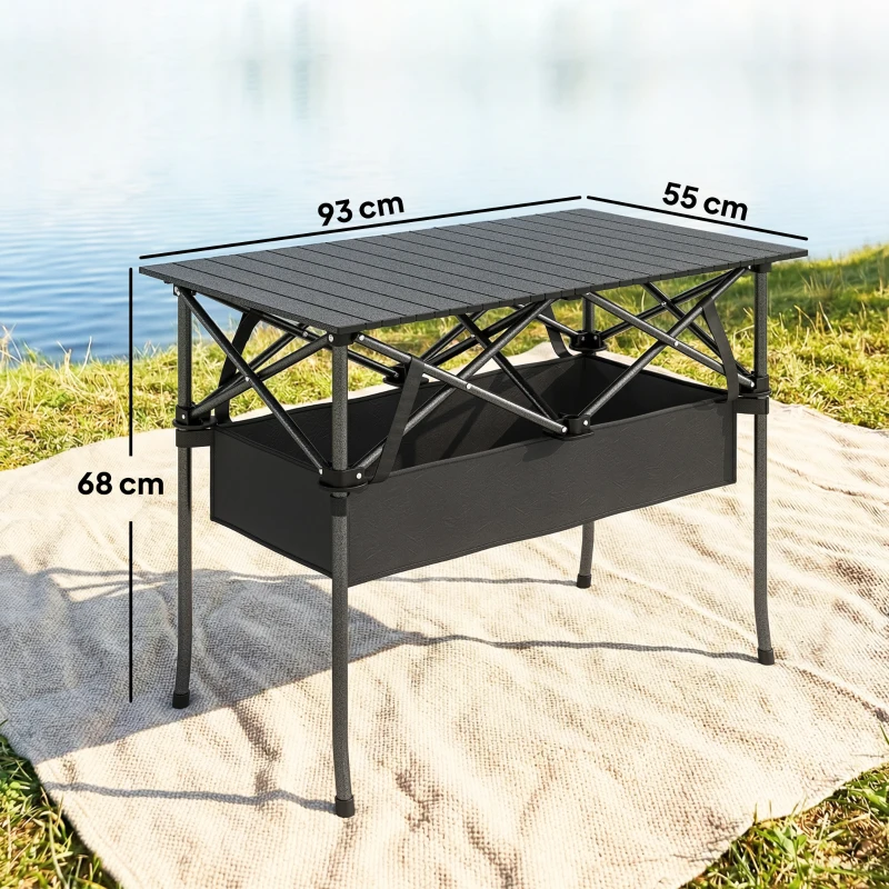 Outsunny Klappbarer Rollbarer Picknicktisch Tragbarer Campingtisch mit Netzablage und Tragetasche für den Außenbereich, Schwarz
