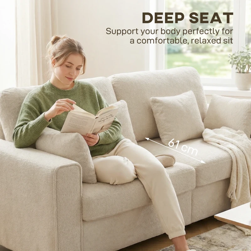 HOMCOM Beżowa Sofa 3-osobowa z Tkaniną o Strukturze Weluru, Głębokim Siedziskiem, Poduszkami z Pianki, Szerokimi Podłokietnikami i 4 Poduszkami