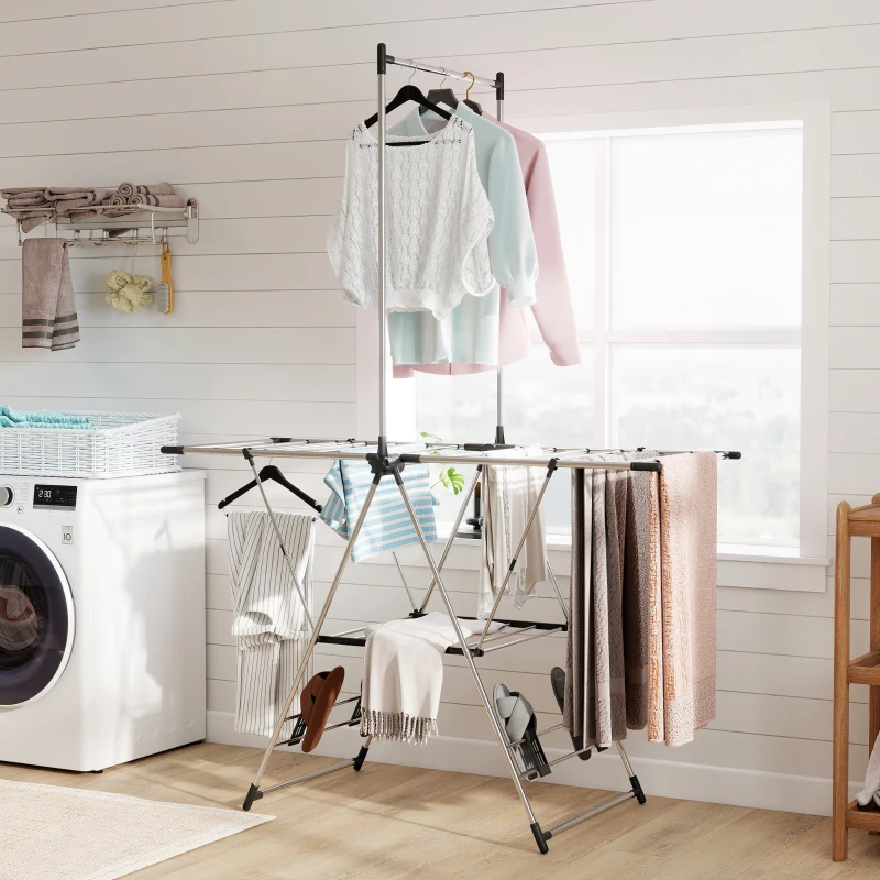 HOMCOM Séchoir à linge étendoir pliable, ailes réglables 5 niveaux, 4 supports à chaussures, acier inoxydable, argenté