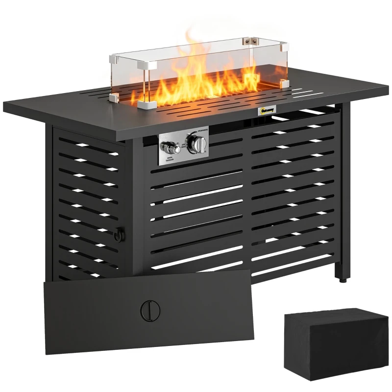 Outsunny Propane Gas Fire Pit Table, Outdoor Firepit with 43" Steel Tabletop and Lid, 50,000 BTU Pulse Ignition Fire Table w/ Stainless Steel Burner, Glass Wind Guard, and Cover