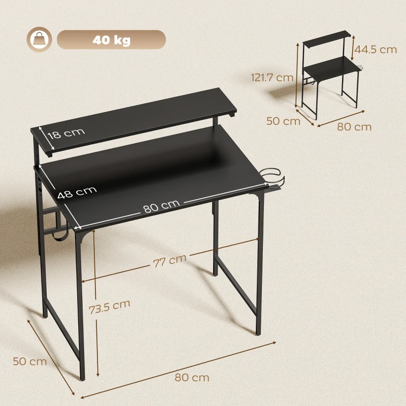 HOMCOM Computer Desk, 80cm Home Office Study Table with Hutch Shelf, Cup Holder, Headphone Hook, Black