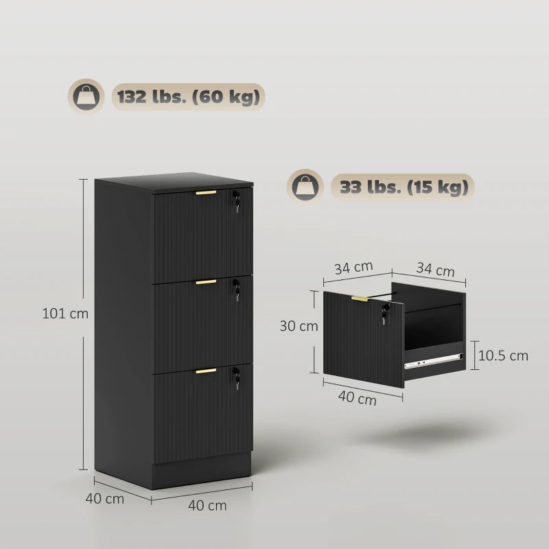 HOMCOM Filing Cabinet, Fluted Vertical File Cabinet with 3 Lockable Drawers and Hanging Rails, Black
