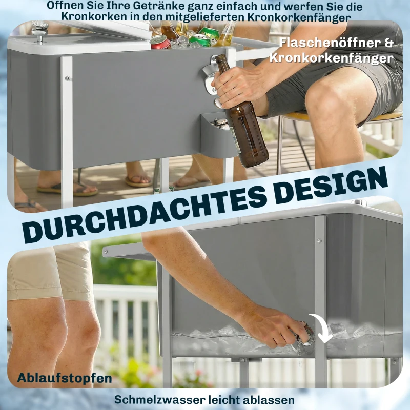 Outsunny Kühlwagen mit 56L Kapazität Servierwagen mit Rollen, Flaschenöffner, unterer Ablage, Griff mobiler Getränkewagen, Grau