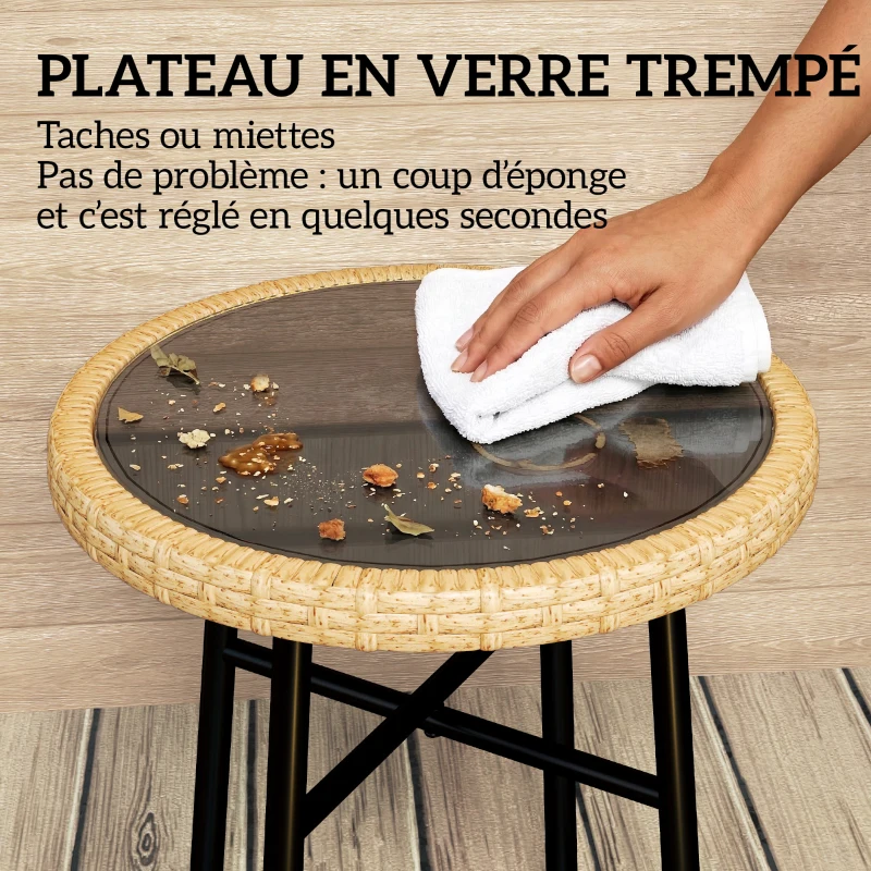 Outsunny Table Basse Ronde de Jardin, Table d'Appoint Exterieur en Résine Tressée et Plateau en Verre Trempé, 46x46x43cm, Naturel