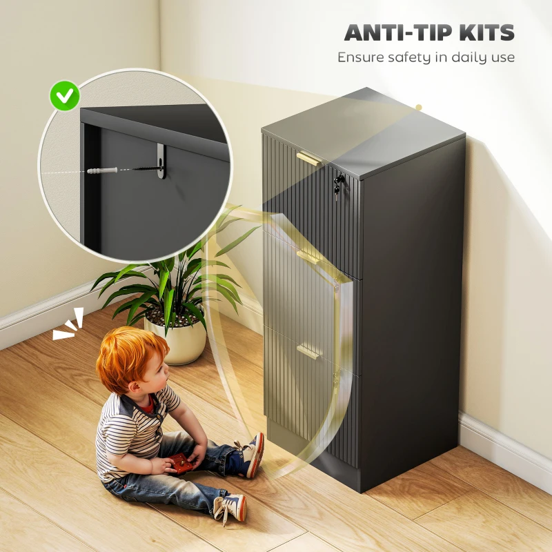 HOMCOM Filing Cabinet, Fluted Vertical File Cabinet with 3 Lockable Drawers and Hanging Rails, Black