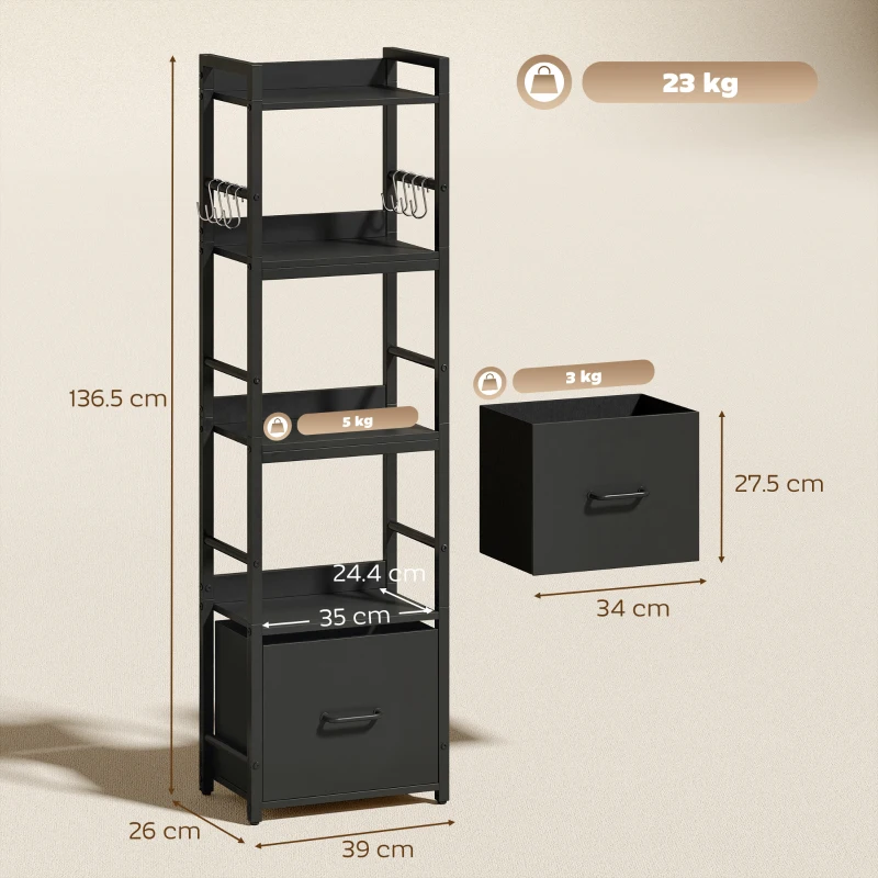 HOMCOM 4-Tier Bookshelf, Narrow Bookcase with Drawer, 8 Hooks, Metal Frame, Black