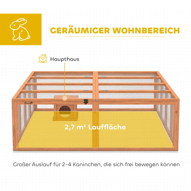 PawHut Freilaufgehege Kaninchenstall aus Holz mit 2 Türen Unterschlupfhaus für 2-4 Zwergkaninchen 180,4 x 150 x 48 cm Orange