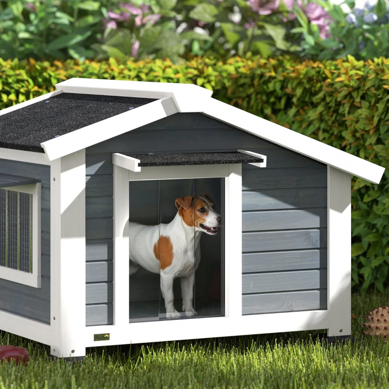 PawHut Hundehütte wetterfestes Hundehaus aus Holz mit herausnehmbarem Boden Asphaltdach öffnendem Fenster 98x76x69,5 cm Grau