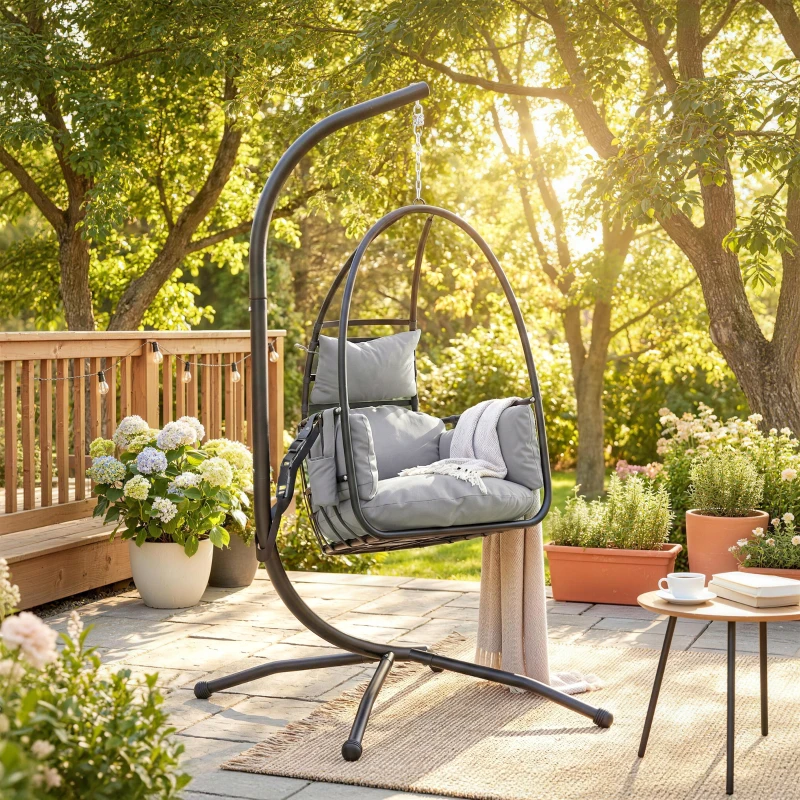 Outsunny Hanging Egg Chair, Indoor Outdoor Swinging Hammock Chair with Stand, Foldable Basket, Side Pocket, Dark Grey