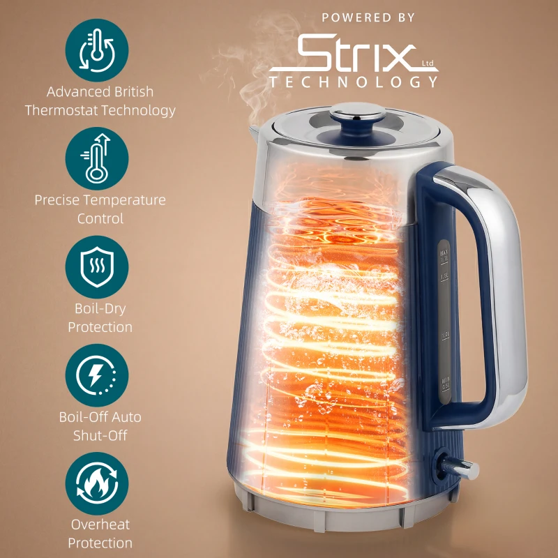 HOMCOM Electric Stainless Steel Kettle and Toaster Set, 3000W 1.7L UK Strix Thermostat Dark Blue