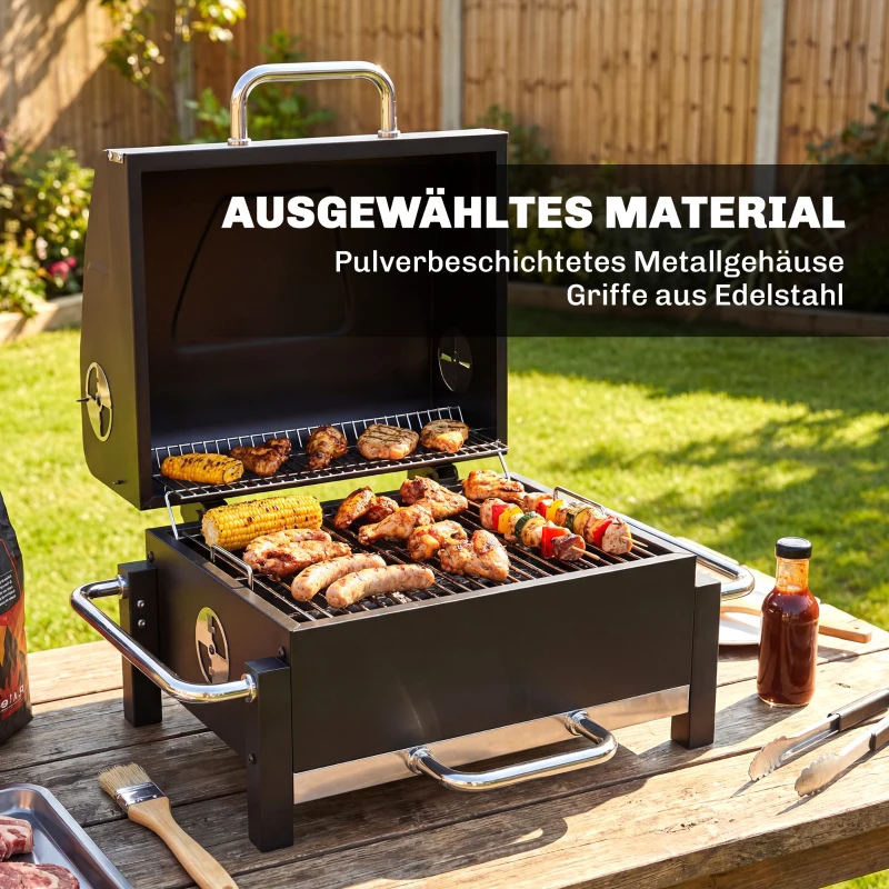 Outsunny Holzkohlegrill aus Stahl tragbarer BBQ Smoker mit Deckel verstellbare Lüftung zweistufige Kohlepfanne Thermometer