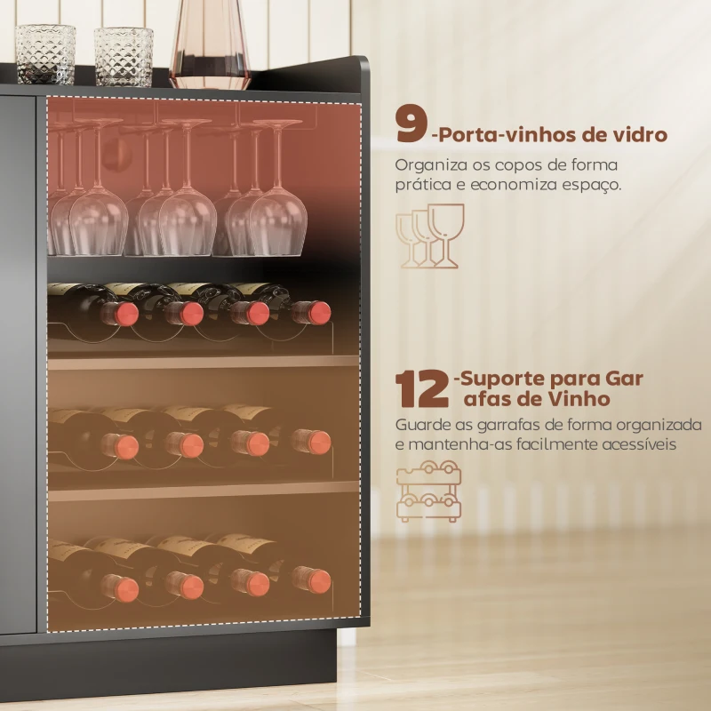 HOMCOM Móvel de Bar com Luzes LED RGB e Porta-Garrafas para 12 Garrafas Armário Buffet para Vinhos para Sala de Jantar Sala de Estar Preto