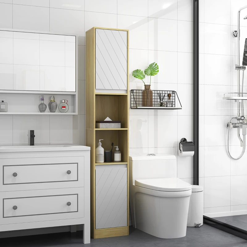 HOMCOM Meuble colonne rangement salle de bain style cosy 30 x 24 x 170 cm 2 portes étagère 2 niches chêne clair blanc