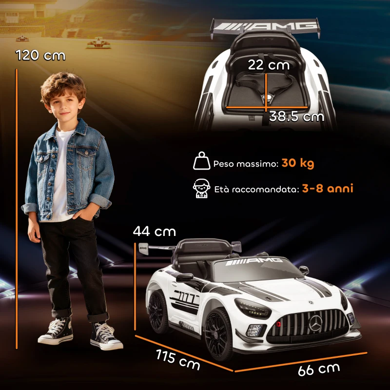 AIYAPLAY Auto Elettrica Bambini 3-8 Anni Mercedes-AMG 12V con Telecomando, Luci LED, Rotelle di Trasporto, Bianco