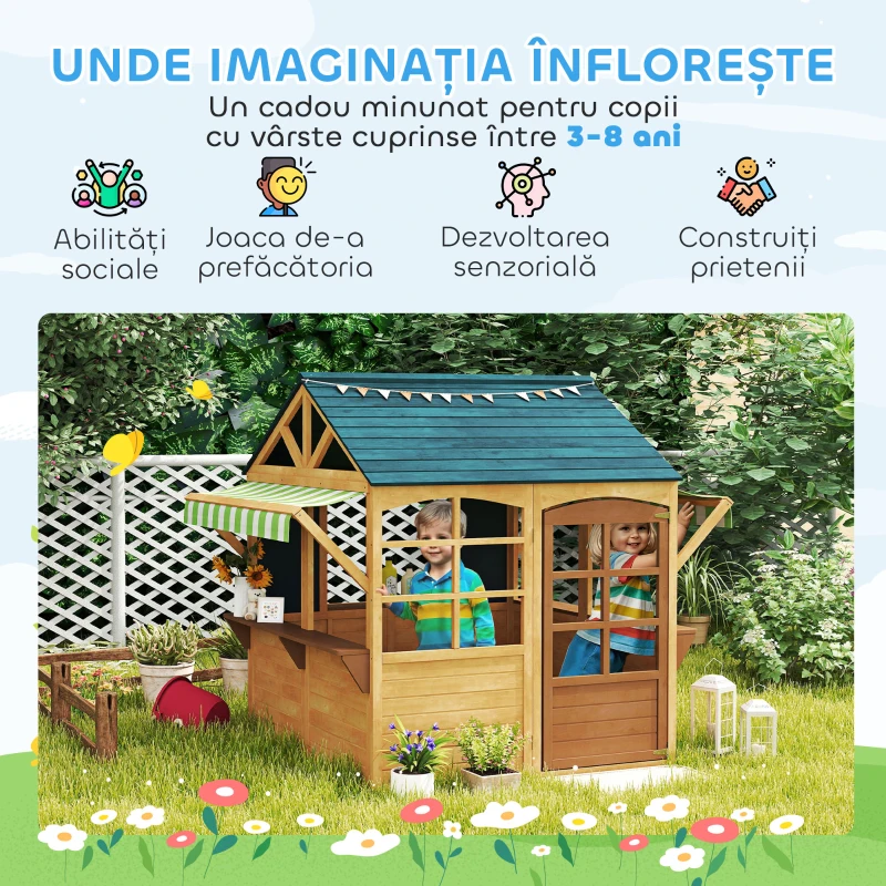 AIYAPLAY Căsuță pentru copii 3-8 ani cu 5 ferestre și 2 table, din lemn de brad, 173x117x144 cm, maro și albastru