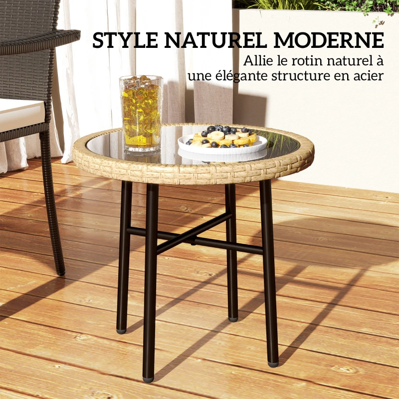 Outsunny Table Basse Ronde de Jardin, Table d'Appoint Exterieur en Résine Tressée et Plateau en Verre Trempé, 46x46x43cm, Naturel