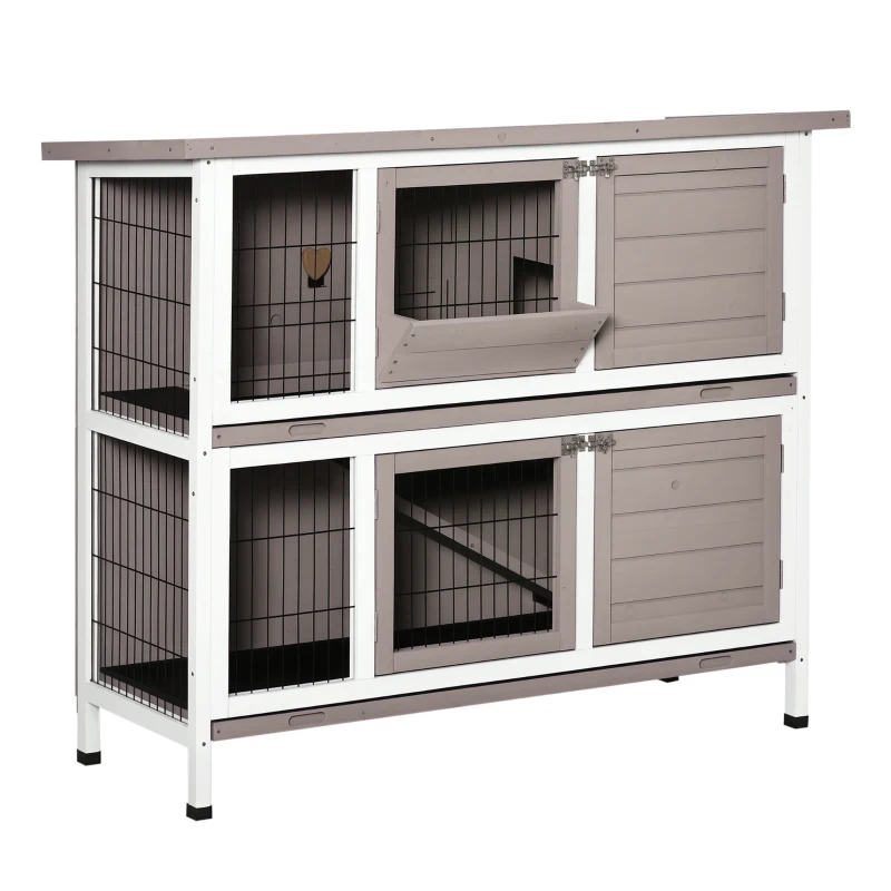 PawHut Solid Wood Rabbit Hutch 2-Level Lift-Top Roof with Feeder Sliding Trays 4 Doors 122 x 50 x 101 cm Gray White