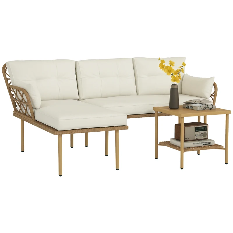 Outsunny Set da Giardino 3pz con Chaise Longue, Divanetto, Cuscini e Tavolino, in Rattan e Acciaio, Bianco Crema e Legno