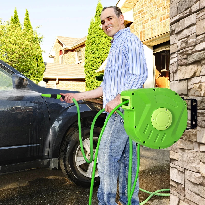 Outsunny 180° Swivel Automatic Wall-Mounted Hose Reel 10 + 1 m Hose with Spray Lance Built-in Wall Bracket Green