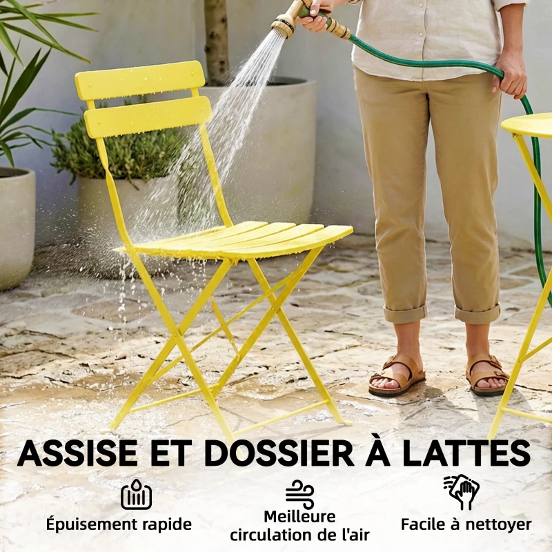 Outsunny Ensemble Bistrot de Jardin 3 Pièces Table et 2 Chaises Pliantes à Lattes Double Protection Antirouille Jaune