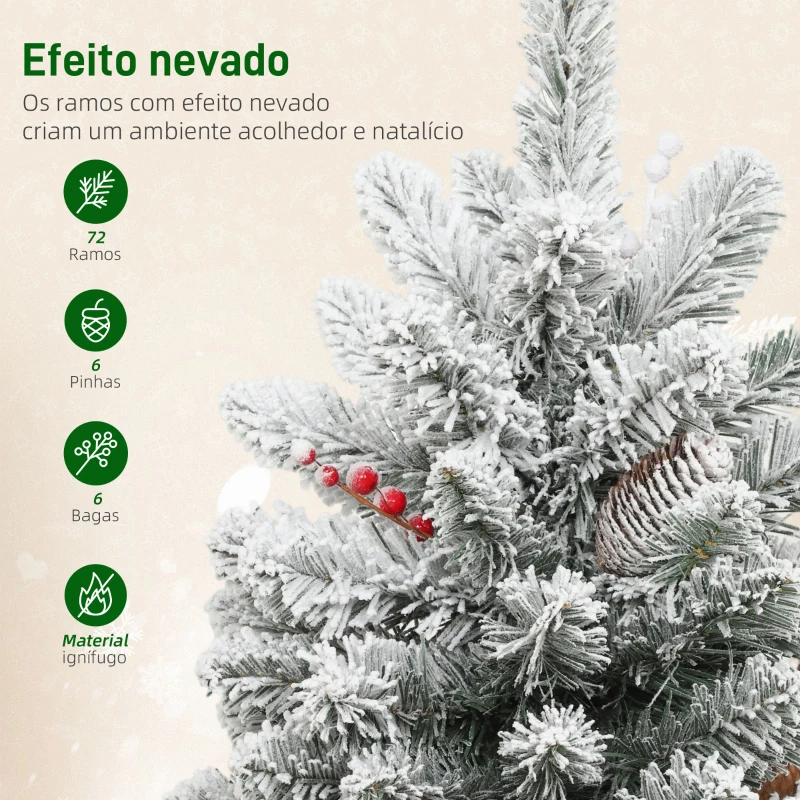 HOMCOM Mini Árvore de Natal Artificial com 35 Luzes LED 60 cm com 72 Ramos com Neve Pinhas Bagas e Base de Saco de Juta Ø37x60 cm Verde