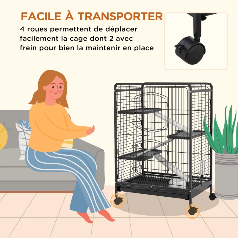 PawHut Small Animal Cage on Wheels, 3 Ramps & 3 Platforms, Food Dish & Water Bottle, Removable Bottom Tray for Rabbit, Ferret, Chinchilla, Steel & PP, 61.5x44x95cm, Black