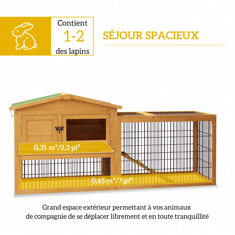 PawHut Clapier de sol cage à lapin niche supérieure avec rampe enclos extérieur porte verrouillable 150 x 52,5 x 68 cm jaune