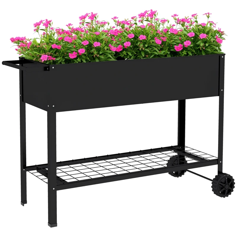 Outsunny Raised Garden Planter on Legs dim. 109L x 39l x 80H cm Shelf 2 Wheels + Irrigation Insert Metal Black