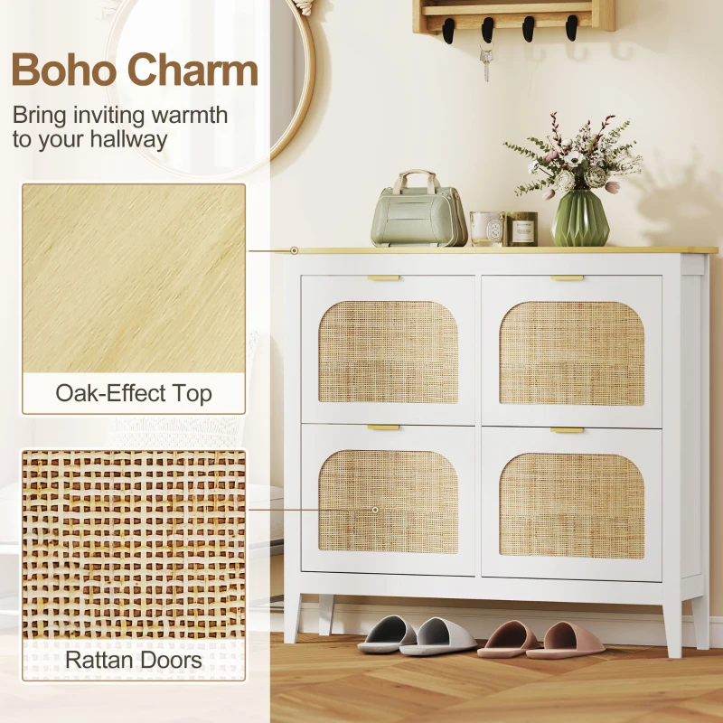 HOMCOM Narrow Shoe Cabinet, Boho Slim Shoe Storage Cabinet with 4 Flip Drawers, Holds 20 Pairs, White