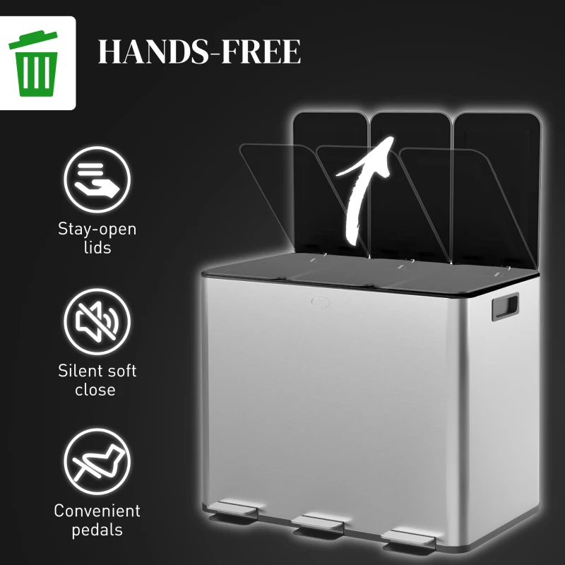 HOMCOM 3 x 20L Pedal Bin, Steel Triple Kitchen Bin with Soft Close Lid, Removable Inner Buckets, Fingerprint-Proof, Silver Tone