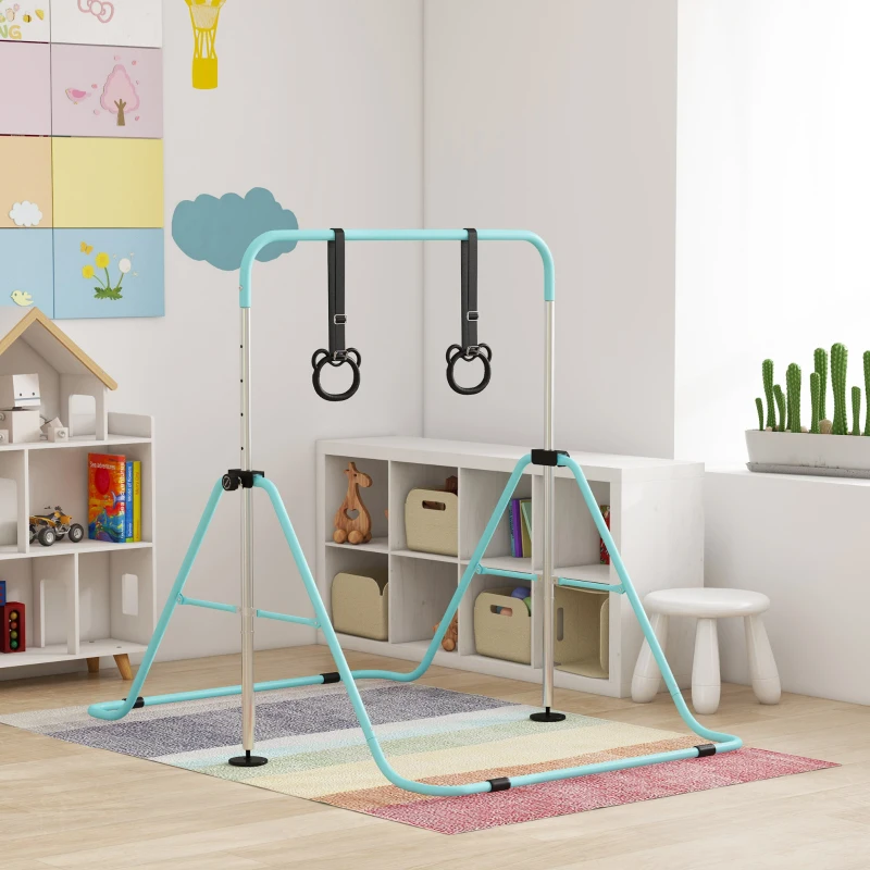 HOMCOM Barra de gimnasia para niños, barra horizontal plegable de altura ajustable con anillas de gimnasia, cian