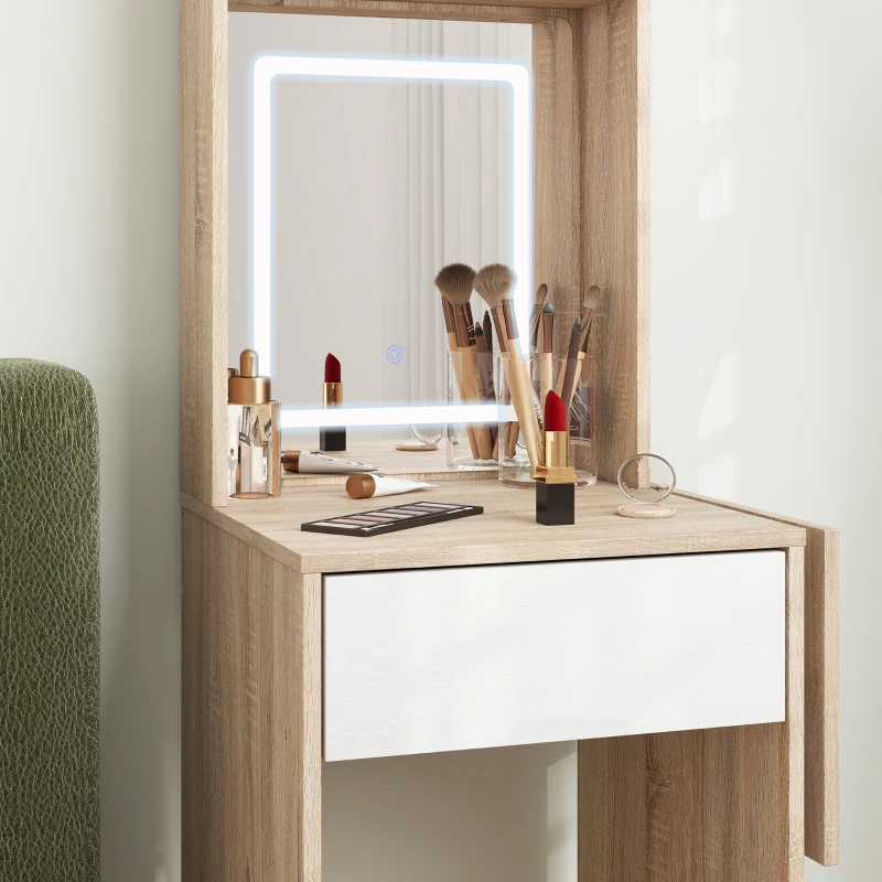 HOMCOM Small Vanity Desk with Mirror and LED Lights, Compact Dressing Table with Drop Leaf, Open Shelves, Natural Wood