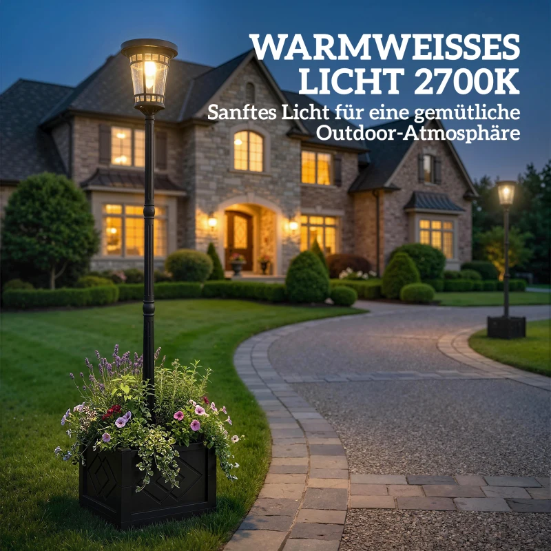 Outsunny Solar Laterne Stehleuchte mit Blumentopf 195cm Außen Gartenlaterne mit 2 Helligkeitsstufen Lichtsteuerung Schalter IP44
