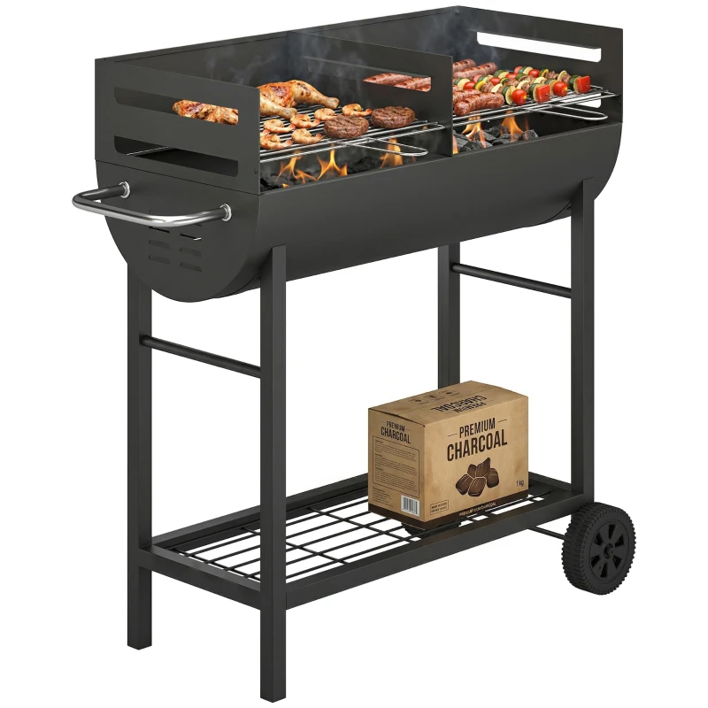 Outsunny Grătar pe cărbune cărucior cu 2 zone de gătit grilă reglabilă pe înălțime raft pentru lemne roți mâner lateral, 103 x 46,5 x 100cm