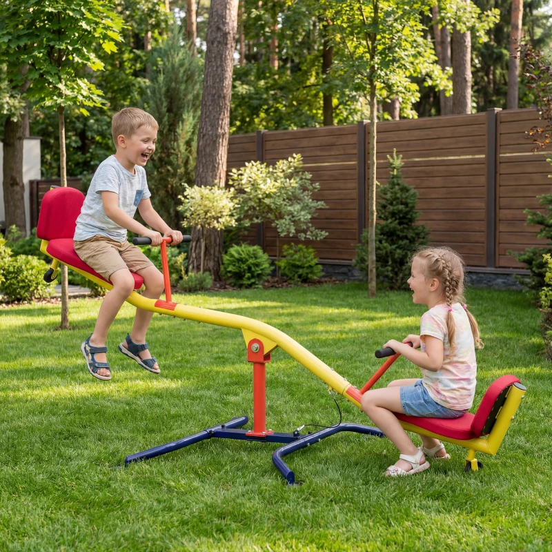 AIYAPLAY Balançoire à bascule pour enfant 3 à 12 ans, trébuchet rotatif 360°, sièges rembourrés avec dossiers, multicolore