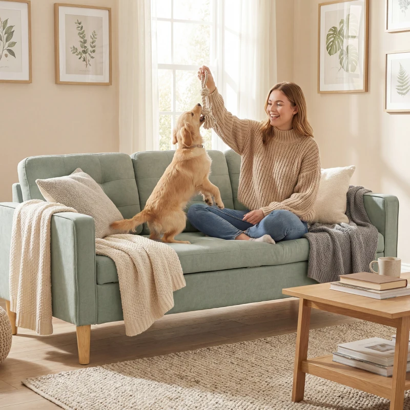 HOMCOM 3 Seater Sofa, 169cm Couch with Hidden Storage, Wood Legs, Light Grey