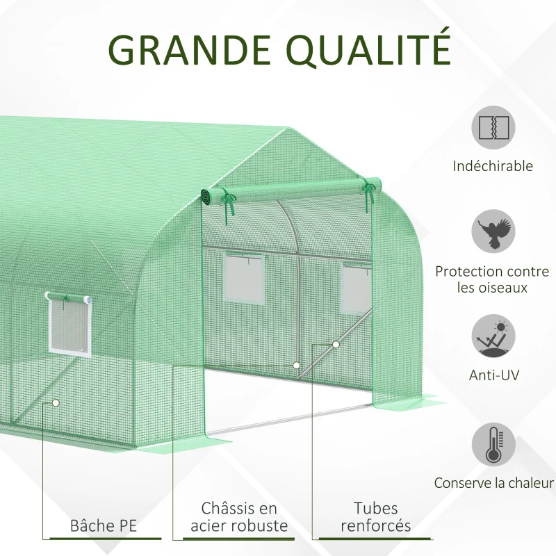 Outsunny Garden Tunnel Greenhouse 10.5 m² dim. 350L x 300l x 200H cm Door + 6 roll-up windows Galvanized steel HDPE cover Green