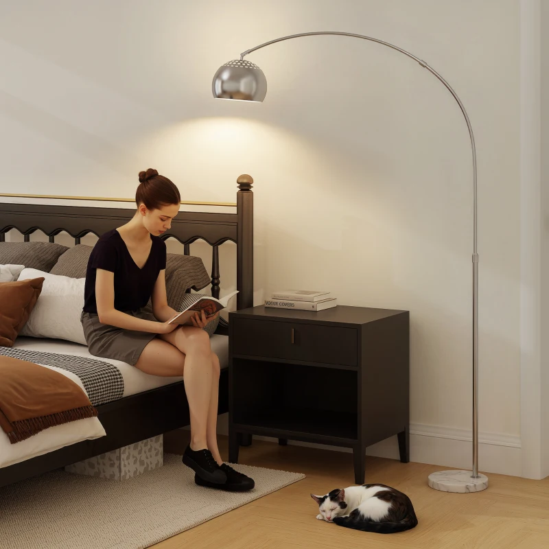 HOMCOM Arc Floor Lamp for Living Room, Modern Adjustable Standing Lamp with Faux Black Marble Base Silver Tone