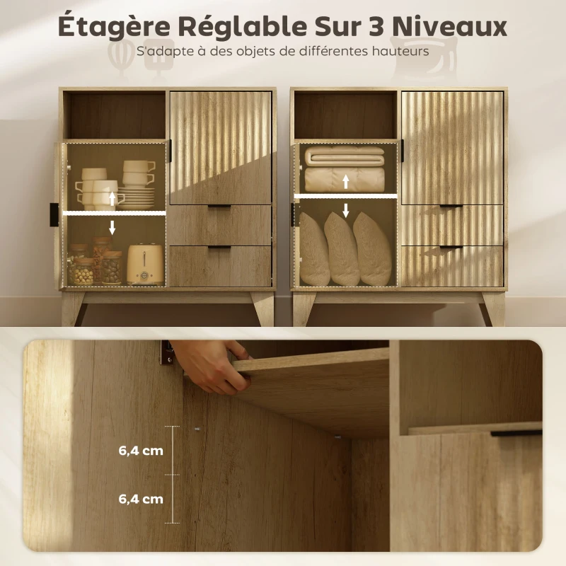 HOMCOM Buffet salon, meuble de rangement, 2 portes, 2 tiroirs, étagère réglable, compartiment ouvert, 80x40x90cm, bois naturel