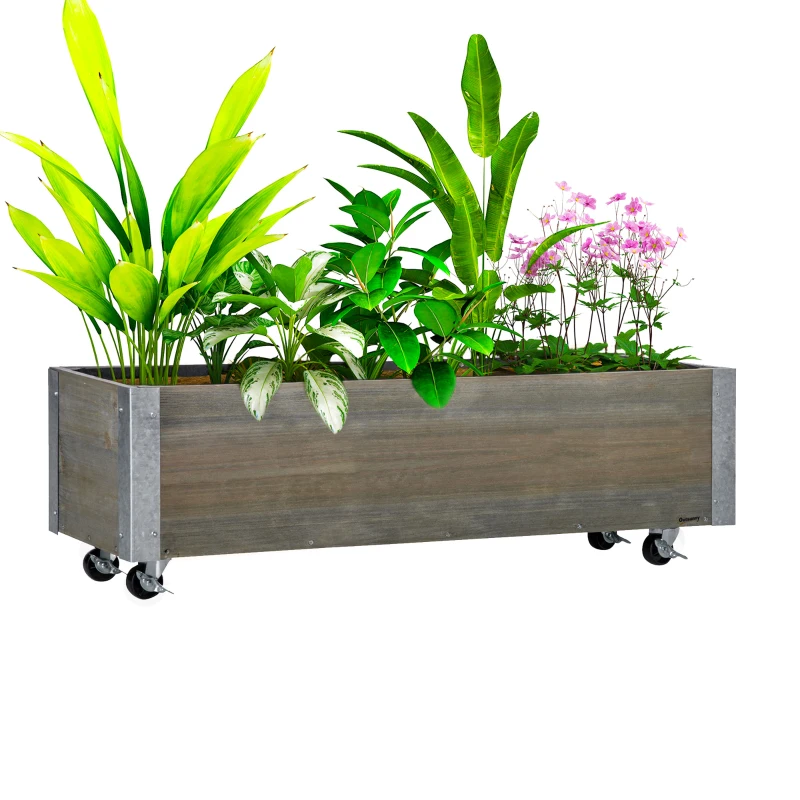 Outsunny Planter on Casters - Rectangular Planter - Irrigation Inserts, Drainage Felt Included - metal, solid wood, gray